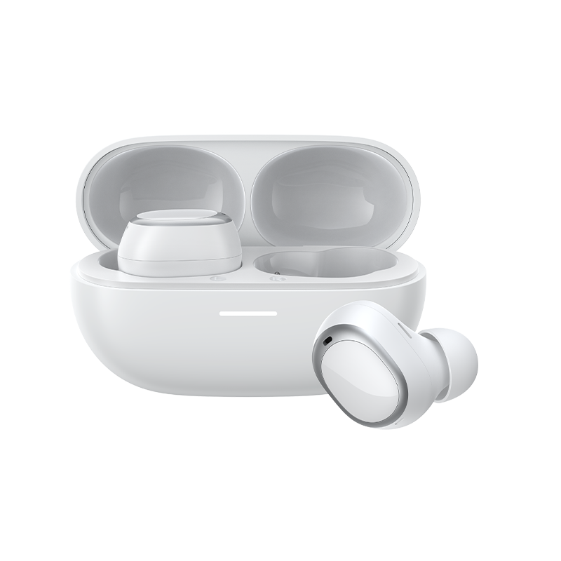 QCY MeloBuds A30 Auricolari True Wireless bianchi, con custodia di ricarica e un auricolare estratto