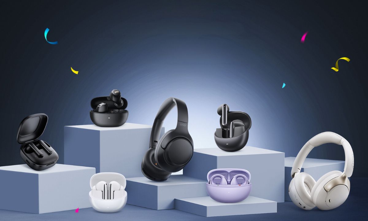 Vielfalt an Bluetooth-Kopfhörern: In-Ears, Over-Ears in Schwarz, Weiß & Lila auf Podesten mit Konfetti.