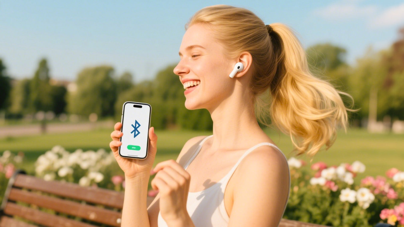 Frau im Park verbindet Bluetooth-Kopfhörer mit Android-Handy – lächelnd, sonnig, einfach erklärt.