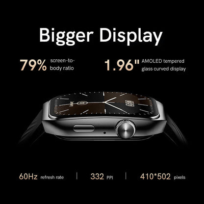 Black QCY Watch GS2 showcasing a 1.96" AMOLED display with 79% screen-to-body ratio and 60Hz refresh rate