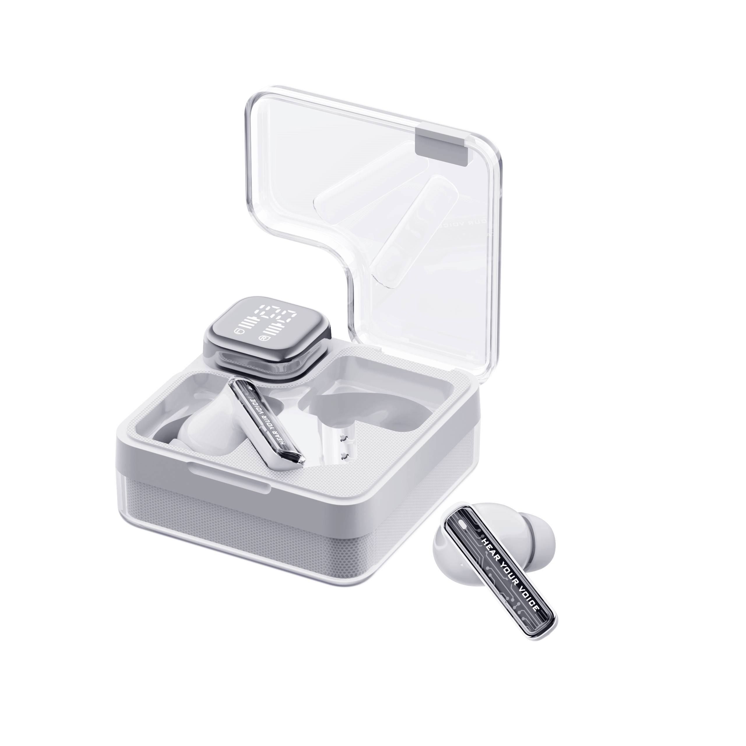 White QCY MeloBuds Neo earbuds in open clear case with display, "Hear Your Voice" text visible.