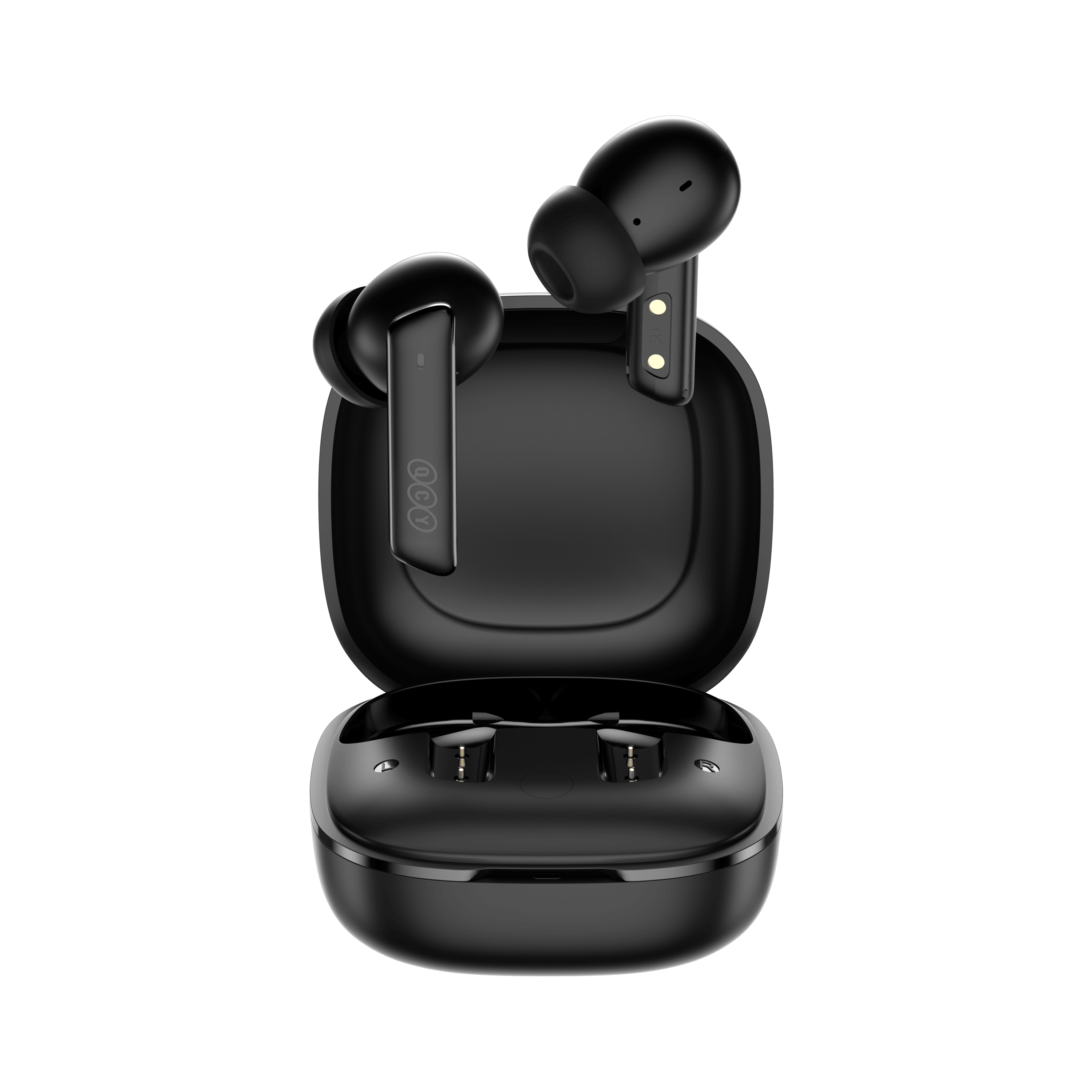 Black QCY MeloBuds ANC earbuds with open charging case, sleek design on white background.