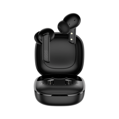 Black QCY MeloBuds ANC earbuds with open charging case, sleek design on white background.
