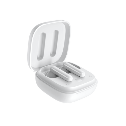 White QCY T13 ANC charging case with lid open at 45-degree angle, diagonal view showing earbuds inside