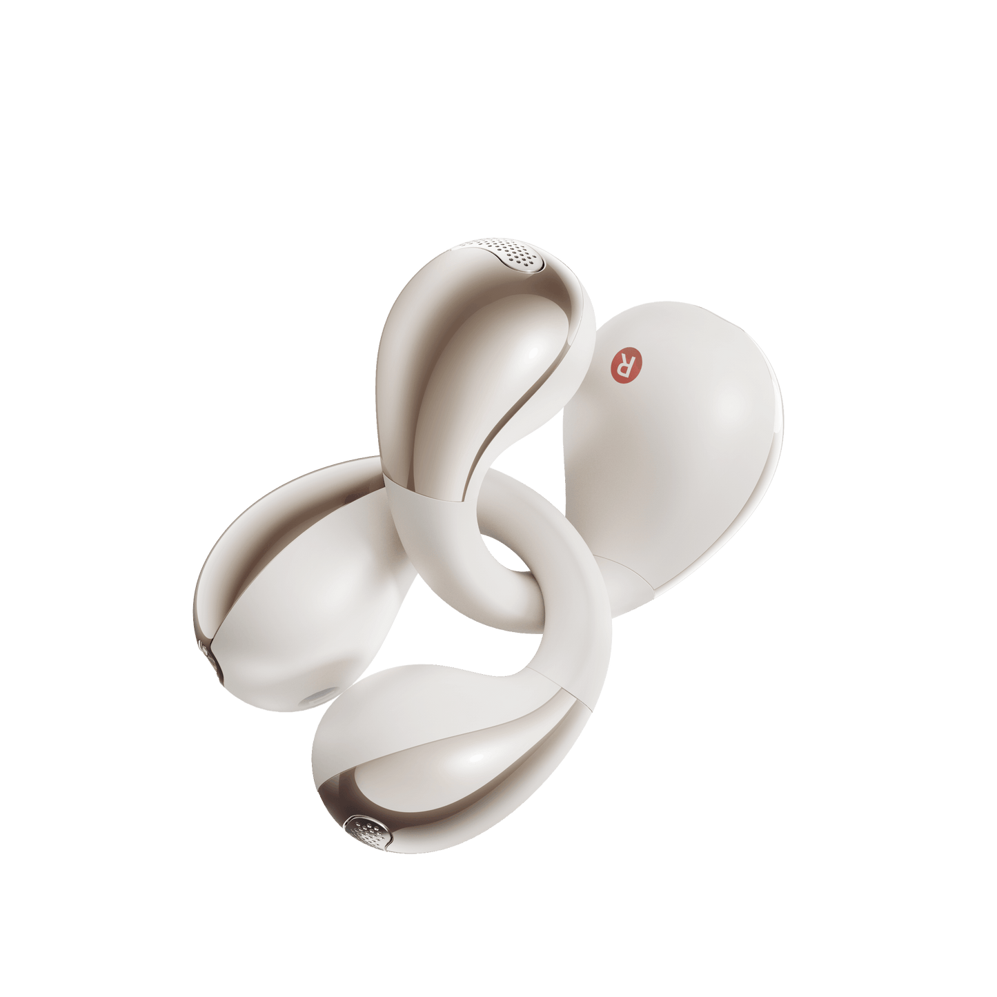 White QCY Crossky C30 earbuds arranged in artistic spiral pattern showing L/R indicators on light background.
