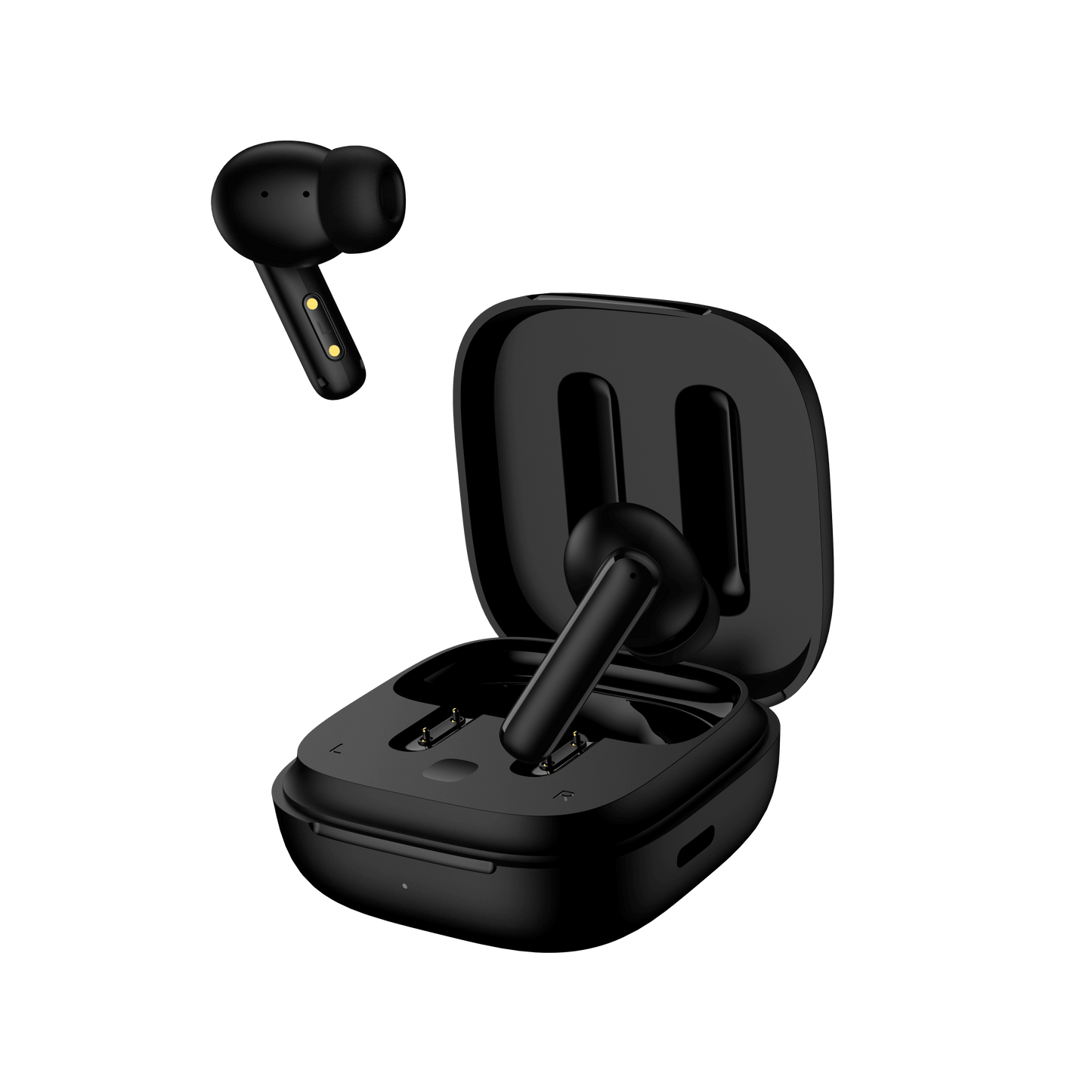 Black QCY T13 ANC with one earbud floating, side-angled view of open case showing charging contacts and LED