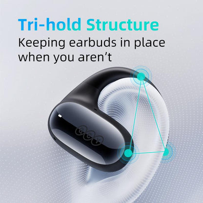 White QCY Crossky GTR2 earbud showcasing tri-hold structure, designed to keep earbuds in place during use