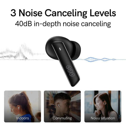 Black QCY MeloBuds ANC earbuds with 40dB noise canceling, featuring 3 levels for indoors, commuting, and noisy situations.