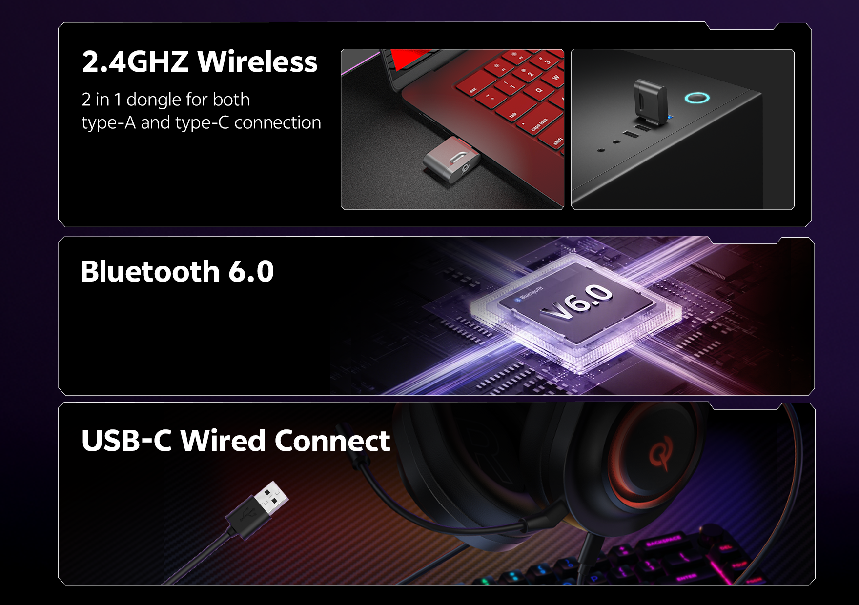 Cuffie QCY HT05: Wireless 2,4 GHz, Bluetooth 6.0 e connessione via cavo USB-C per il gaming