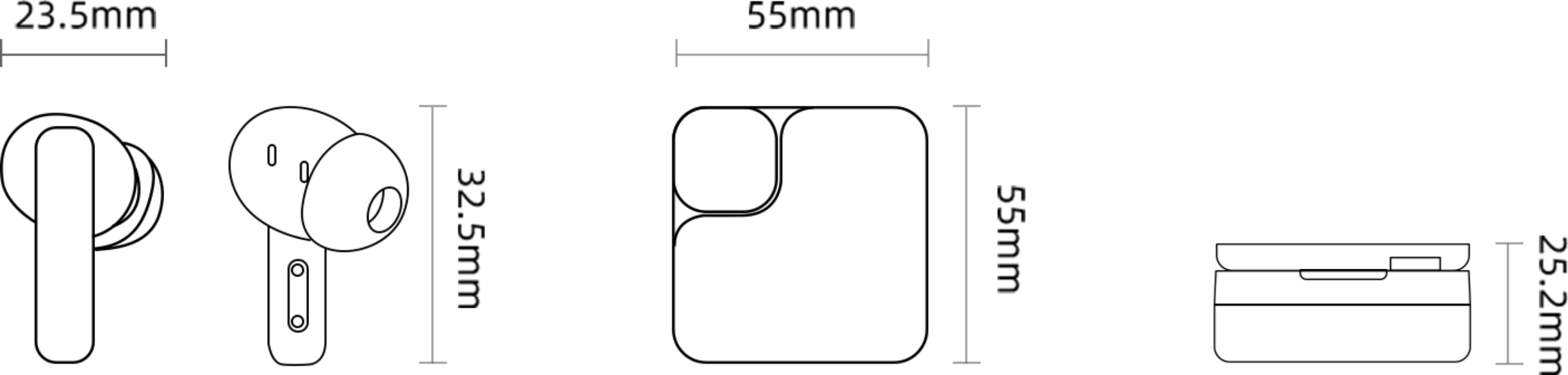 Disegni tecnici delle cuffie wireless e della custodia di ricarica con dimensioni in millimetri.