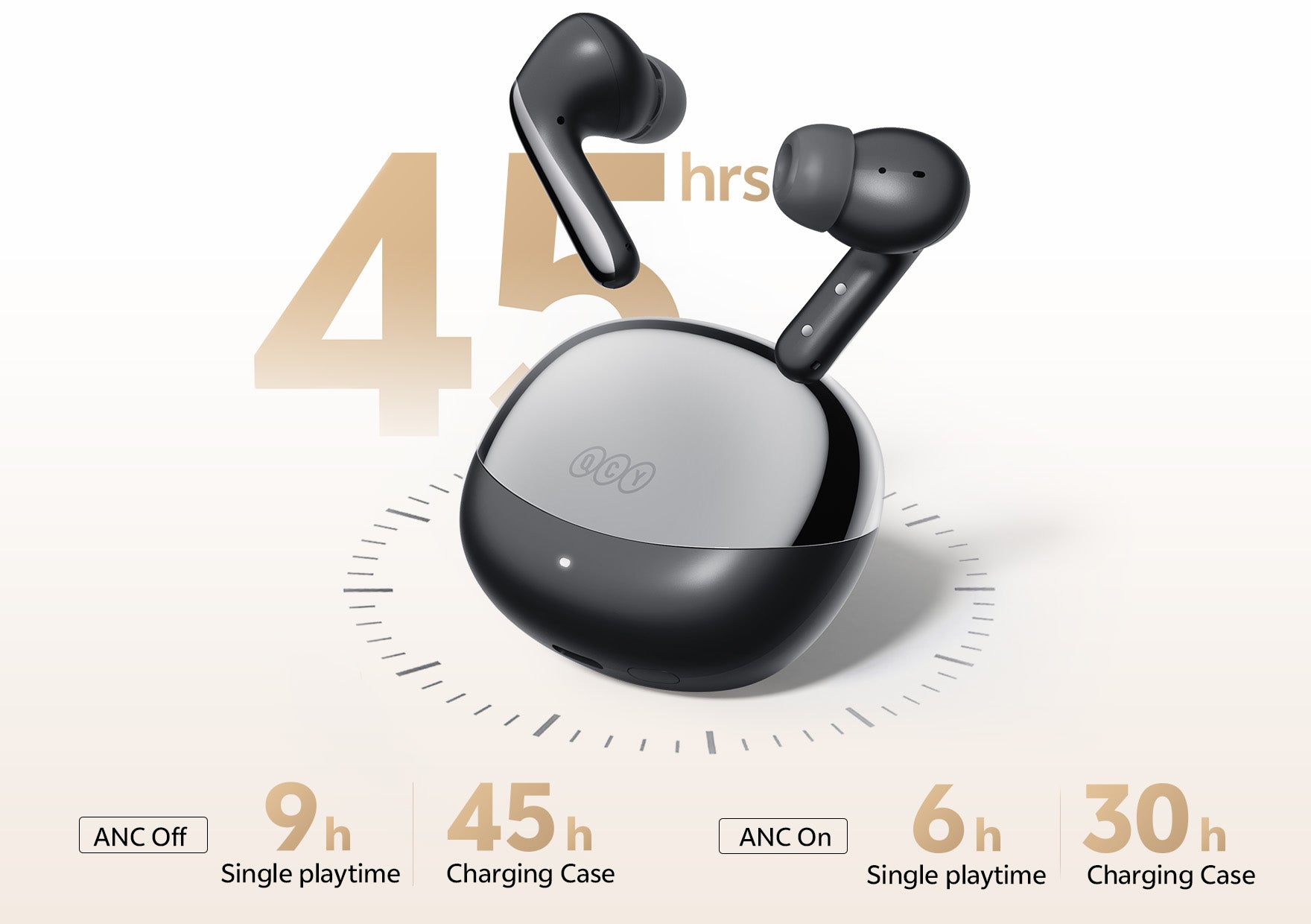 Cuffie wireless QCY con ANC: 9h di autonomia, 45h con custodia di ricarica. Nero, ergonomiche, per musica e chiamate.