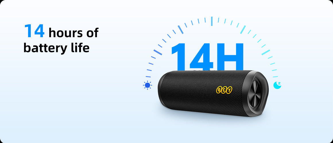 Altoparlante Bluetooth QCY con 14 ore di autonomia della batteria. Nero, compatto, ideale per viaggiare.