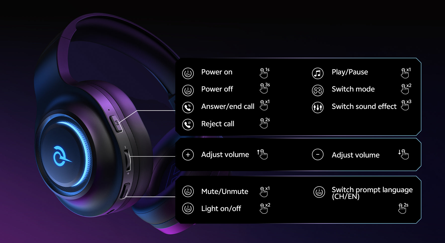 Cuffie con controllo touch, Bluetooth e luce LED.