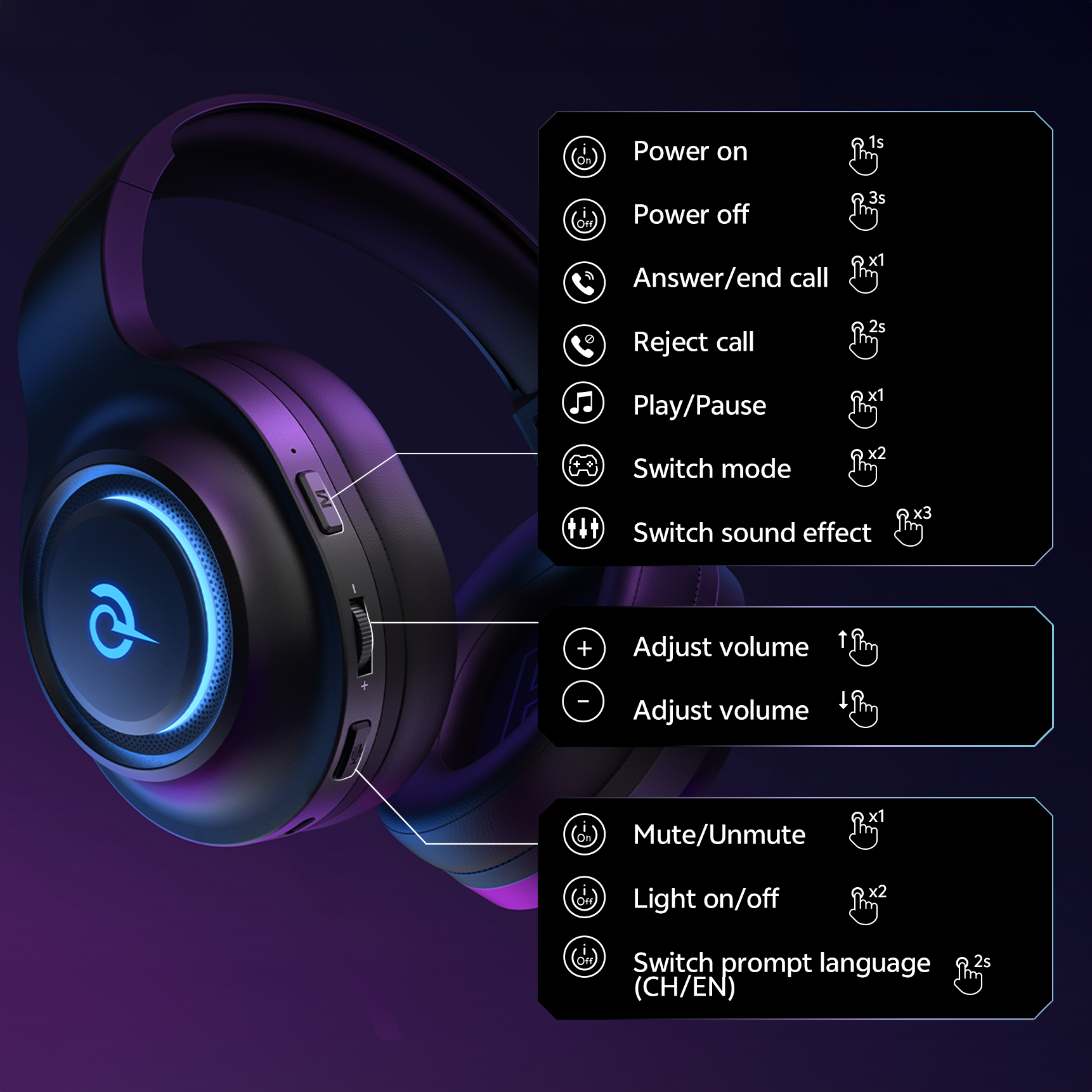 Cuffie da gaming con illuminazione RGB, controllo touch e selezione vocale.