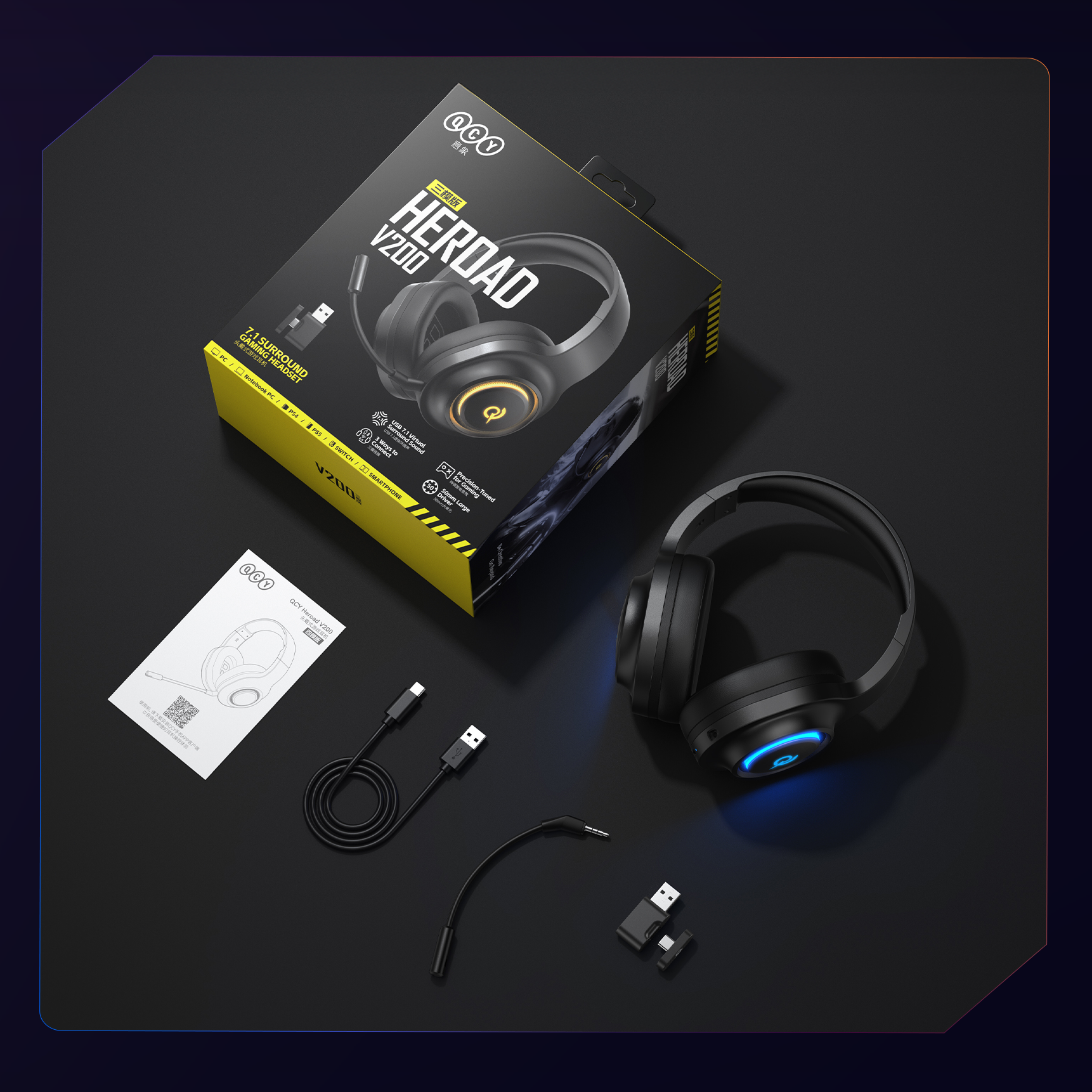 Cuffie da gioco QCY V200 con audio surround 7.1, luce LED blu e connessione USB.