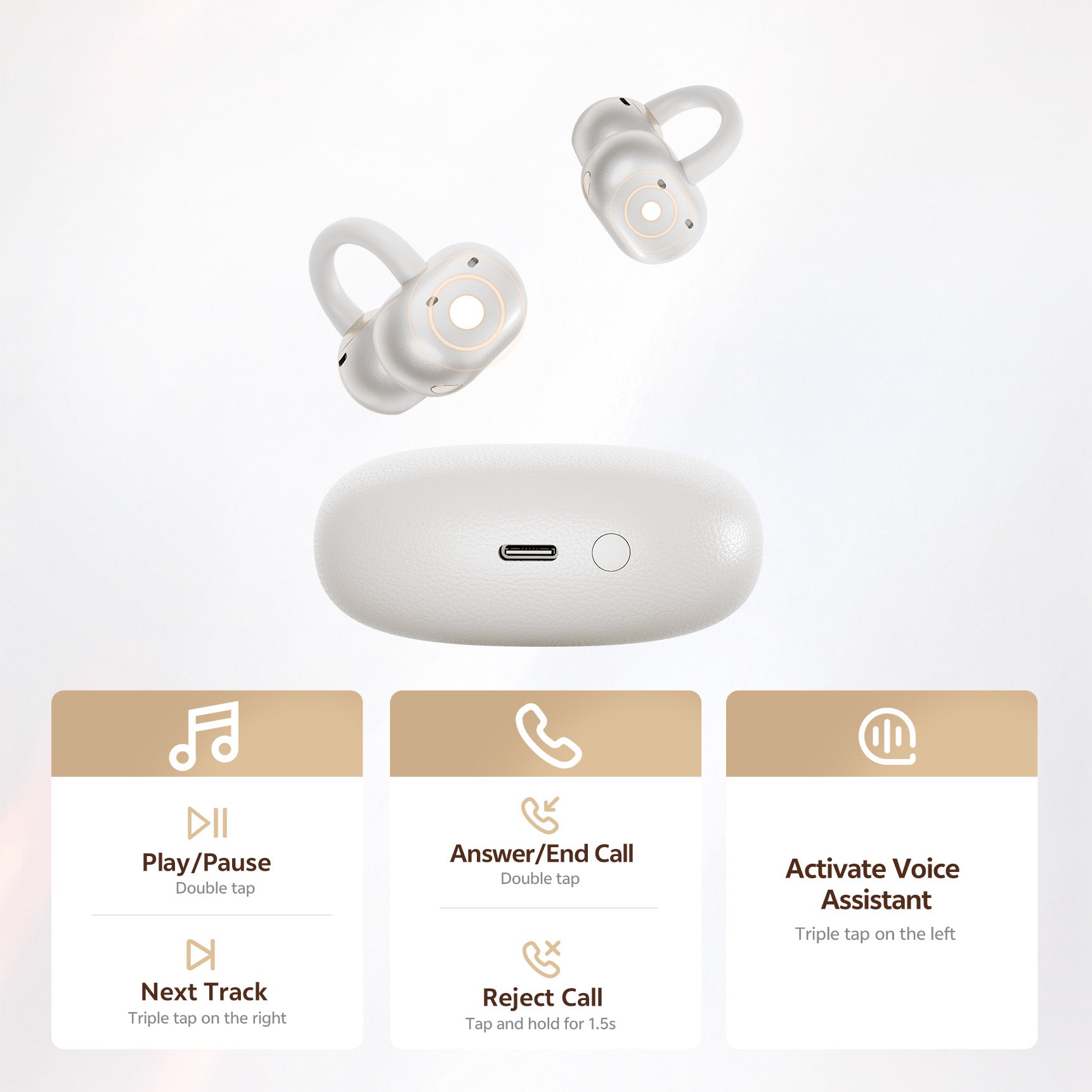 Auricolari wireless bianchi con custodia di ricarica – controllo touch per musica, chiamate e assistente vocale.