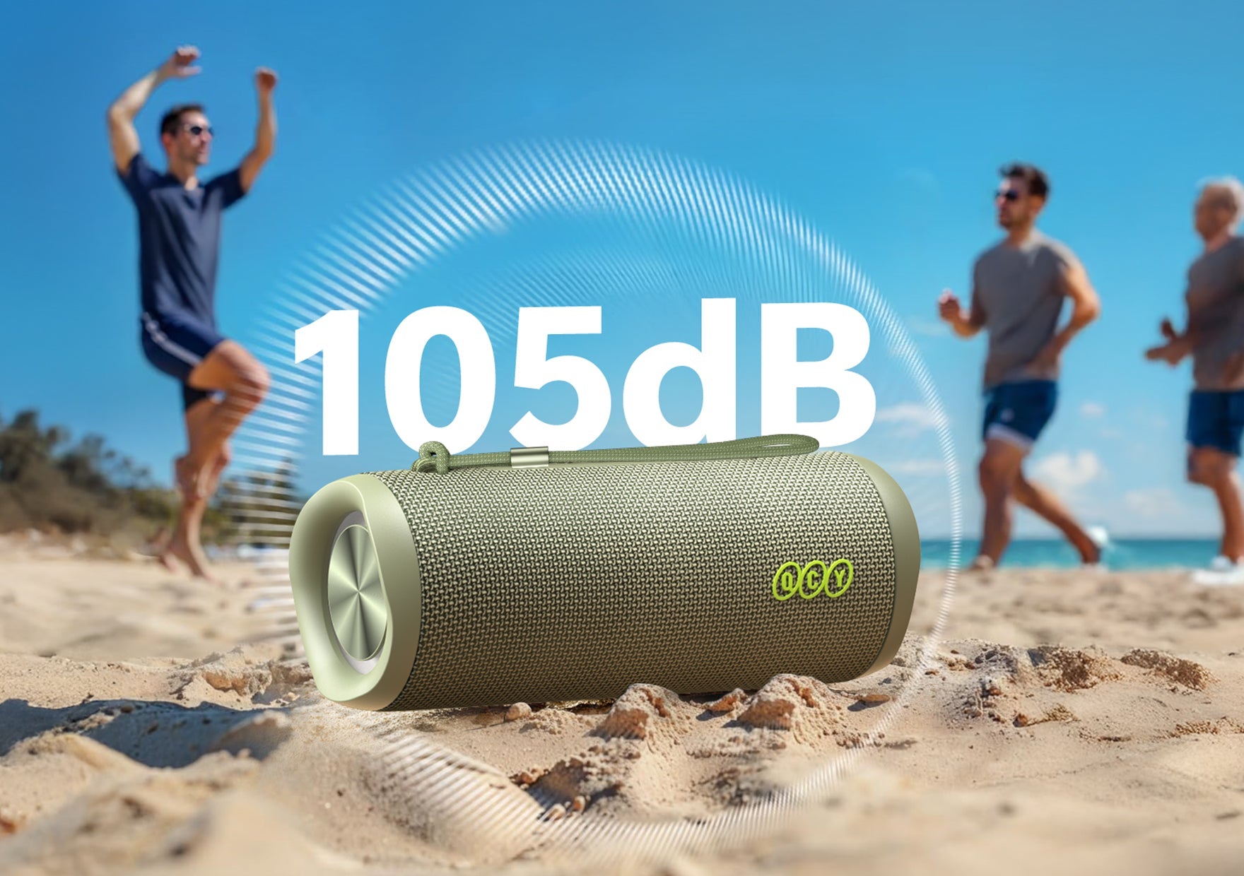 Altoparlante Bluetooth Ocy 105dB nella sabbia, festa in spiaggia con amici, design robusto per uso all'aperto