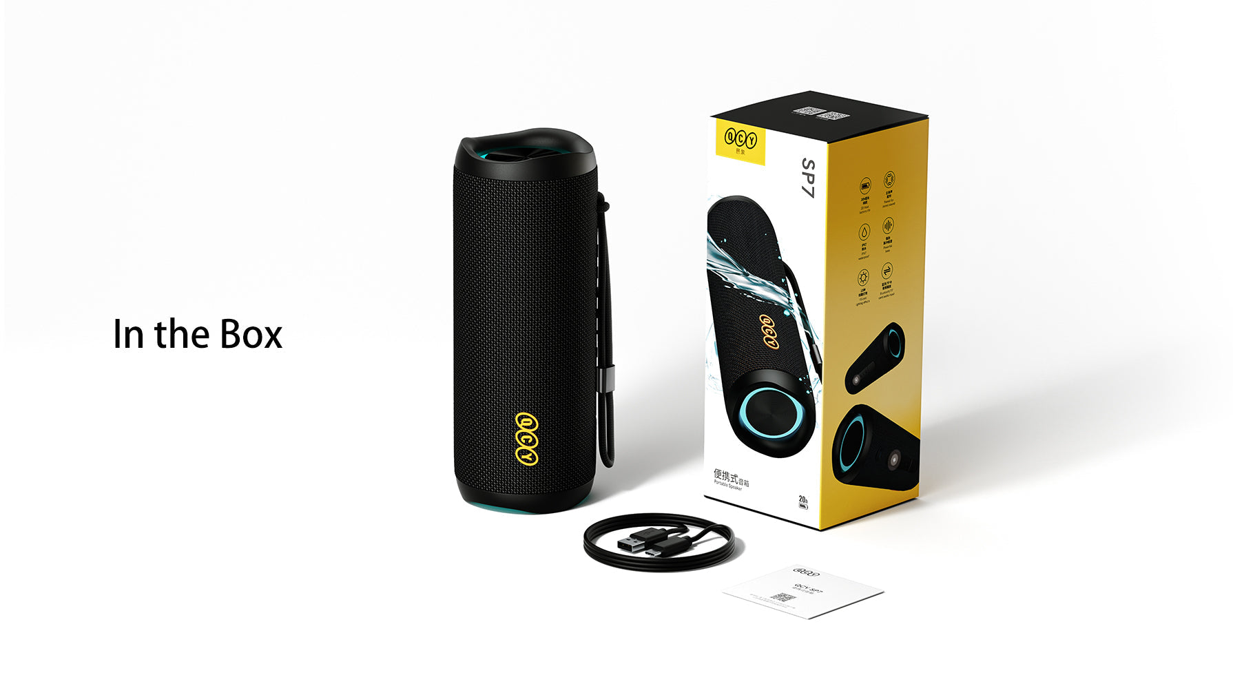 SP7 altoparlante Bluetooth portatile con impermeabilità, cavo USB e confezione.