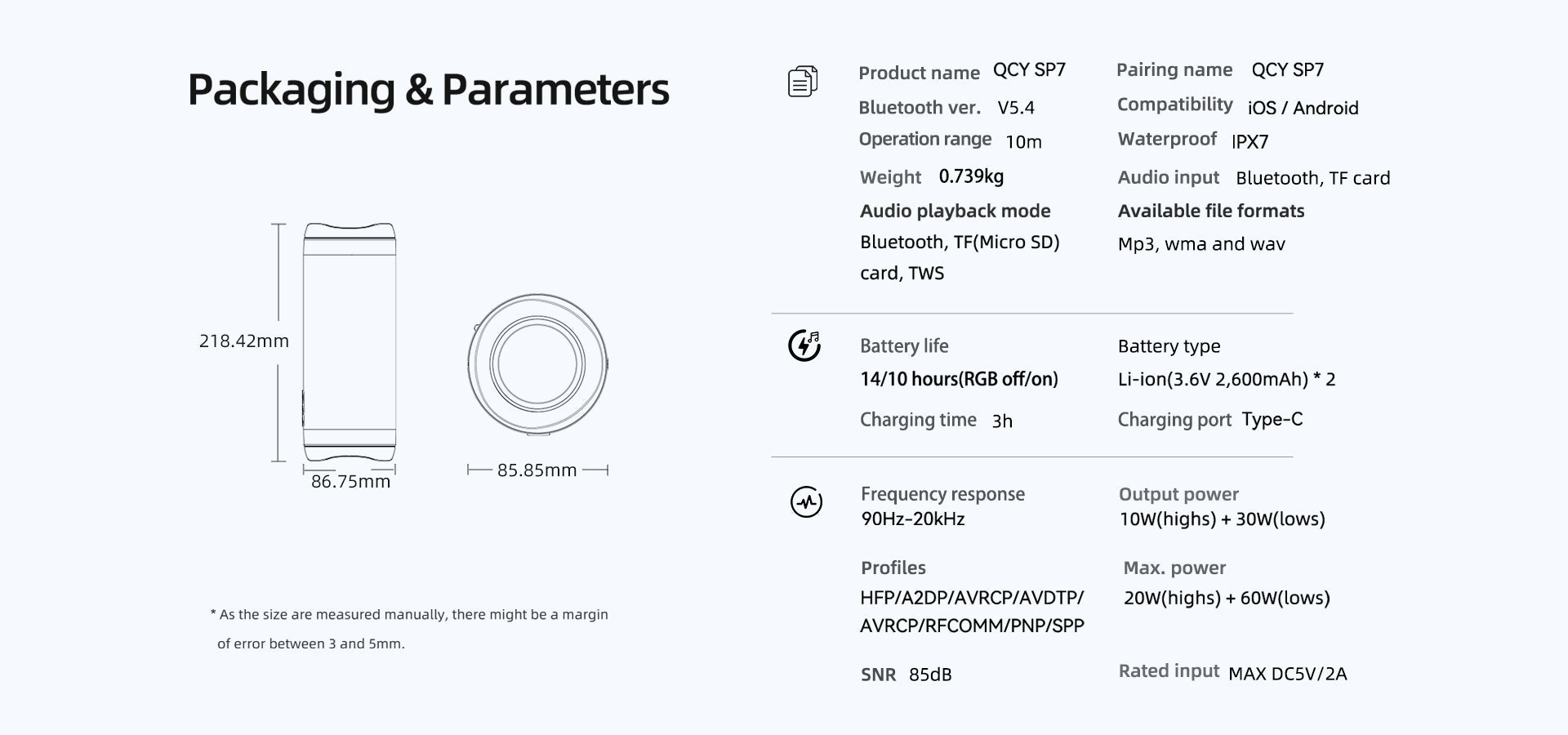 Altoparlante Bluetooth QCY SP7: specifiche tecniche e dimensioni. Impermeabile IPX7, potenza 40W, autonomia batteria 14h, Type-C.