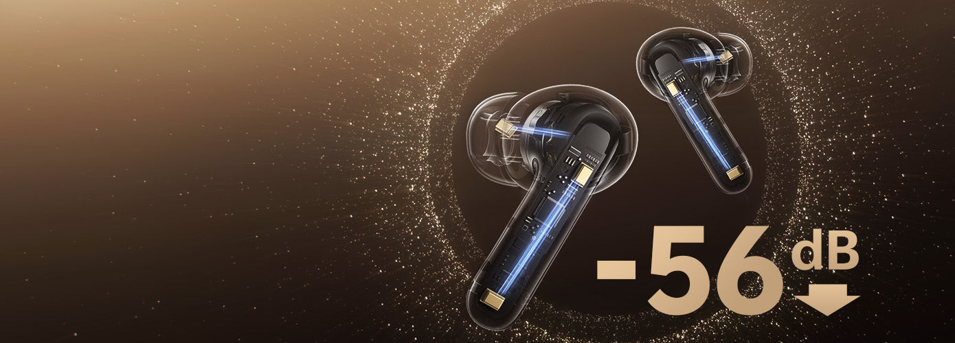 Auricolari premium in-ear con cancellazione del rumore a -56 dB, design trasparente e luce LED blu.
