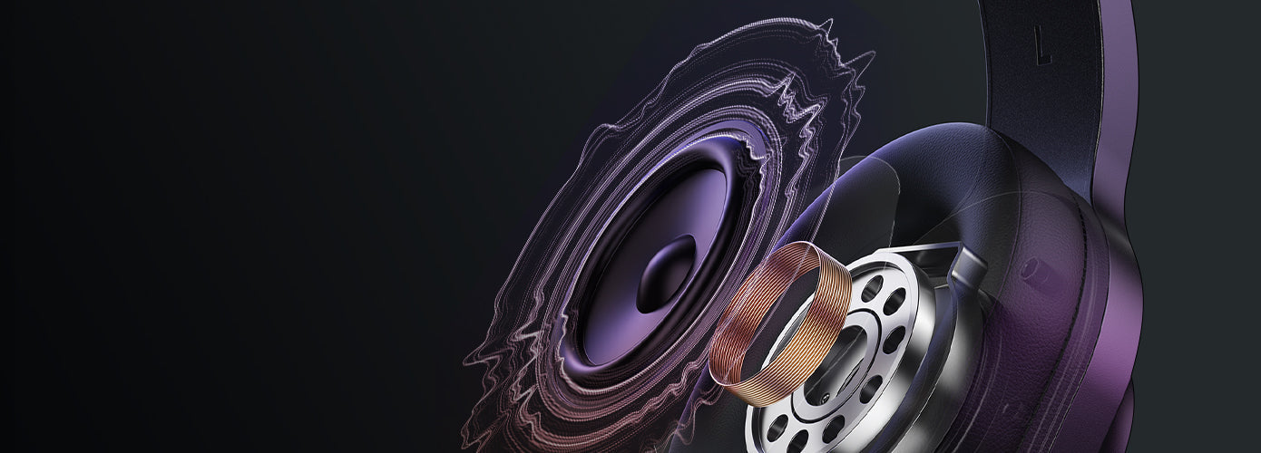 Cuffie over-ear viola con driver visibile e linee ondulate per la qualità audio.