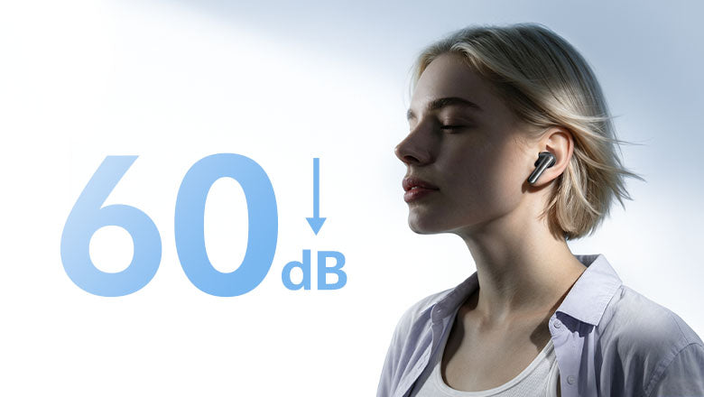 Donna con cuffie Bluetooth, cancellazione del rumore da 60 dB.