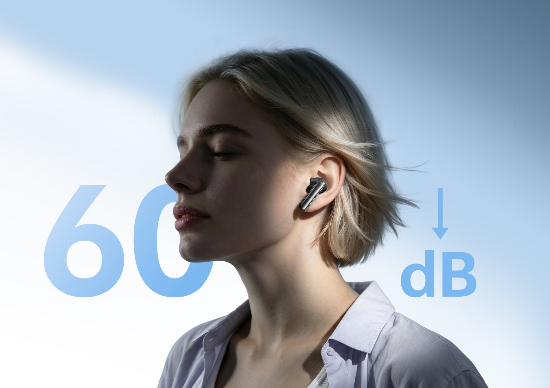 Donna con cuffie Bluetooth, cancellazione del rumore da 60 dB.
