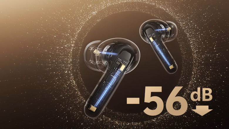 Auricolari wireless con cancellazione del rumore a -56 dB, rappresentazione trasparente dei componenti interni su sfondo dorato