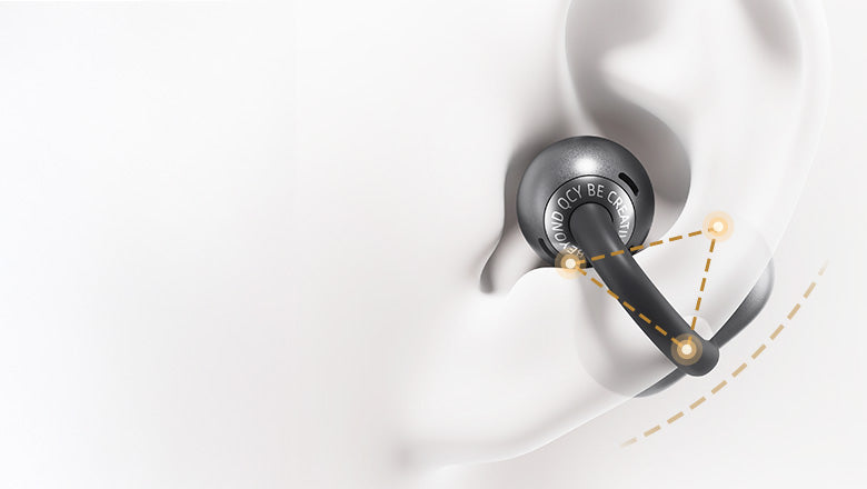 Cuffie wireless con design ergonomico per una presa sicura nell'orecchio, ideali per lo sport e l'uso quotidiano.