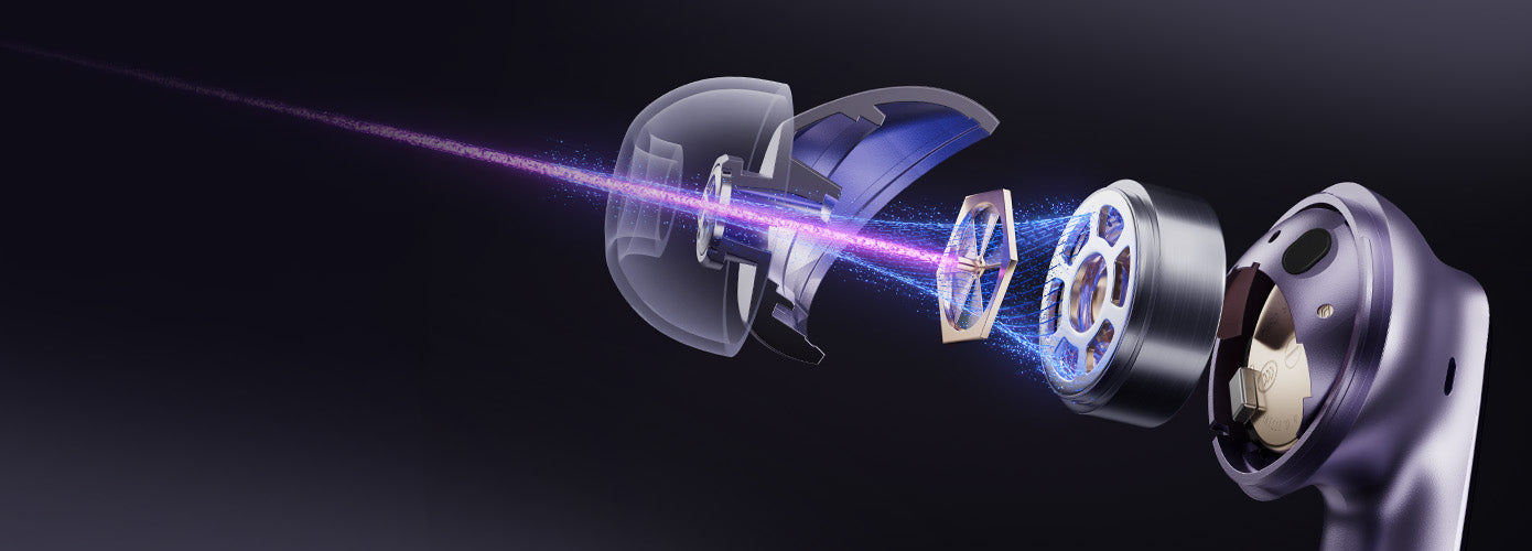 Struttura interna di cuffie wireless con altoparlanti visibili e fascio audio.
