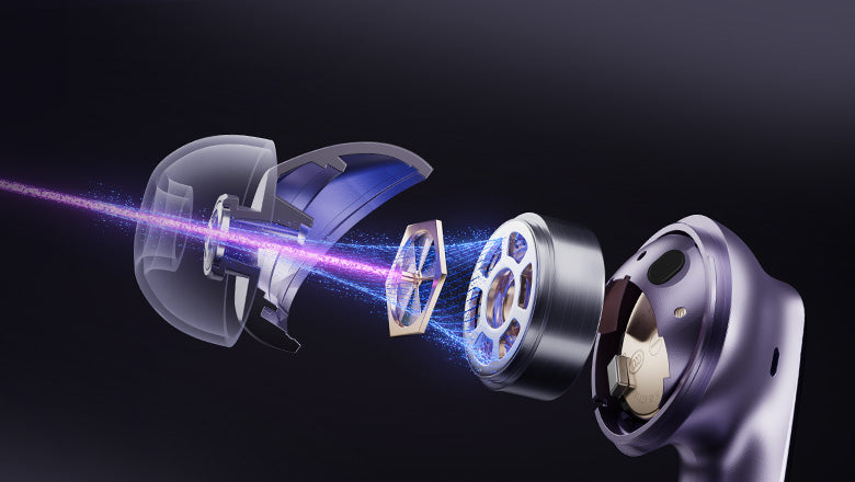 Struttura interna degli AirPods Pro con componenti visibili ed effetti luminosi.