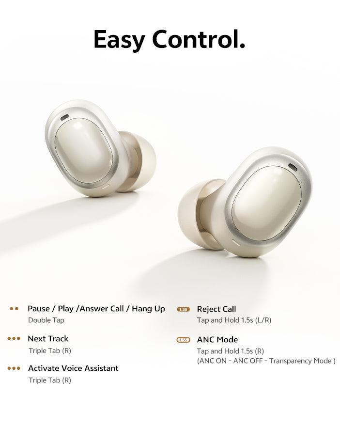 Cuffie wireless bianche con controllo touch: doppio tocco per Play/Pausa, triplo tocco per traccia/assistente, pressione prolungata per accendere