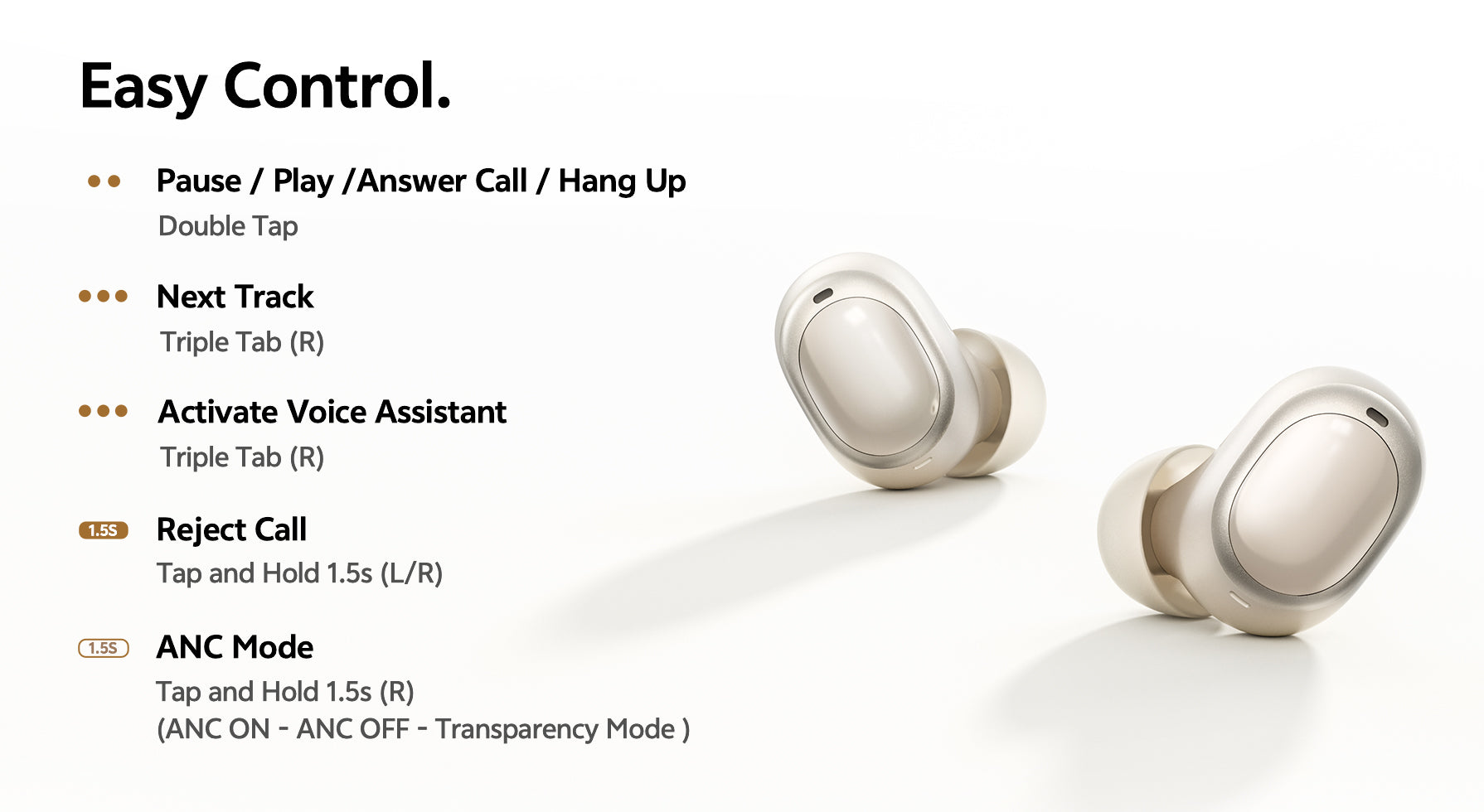 Cuffie True Wireless argento con controllo touch: pausa, riproduzione, chiamata, assistente vocale, ANC e modalità trasparenza.