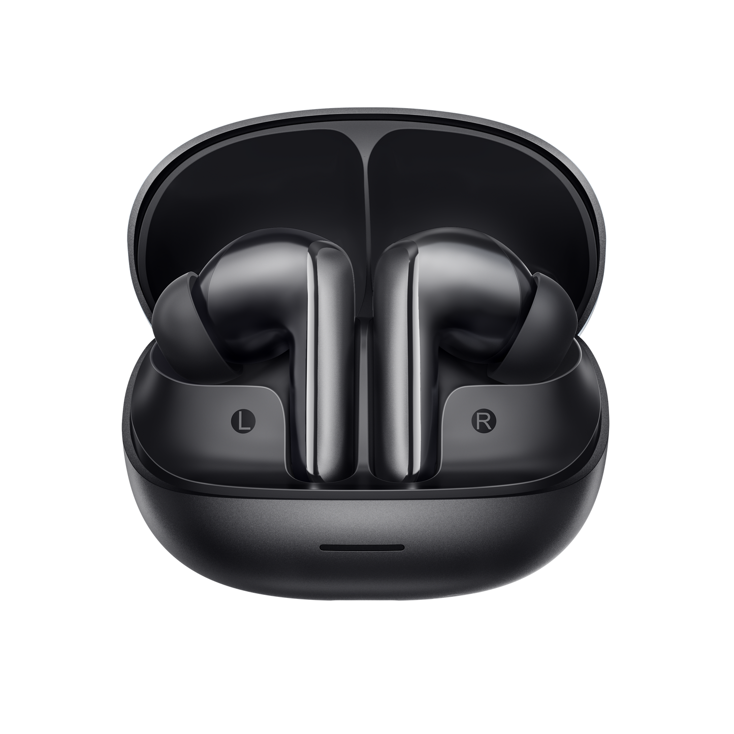 MeloBuds N65 – auricolari True Wireless neri nella custodia di ricarica.