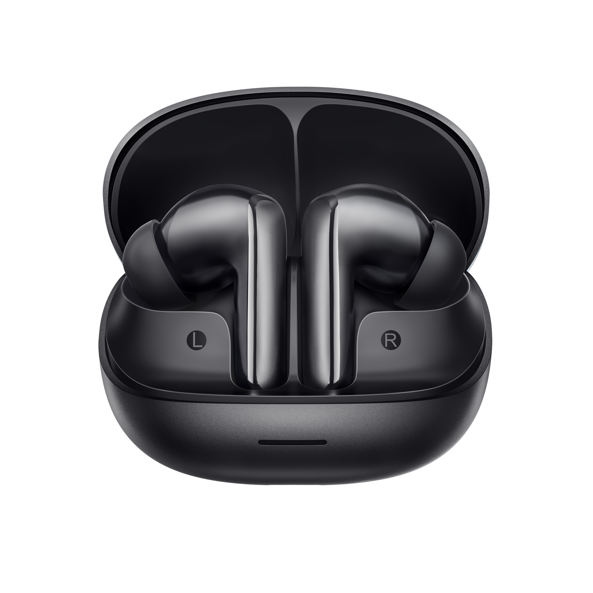 MeloBuds N65 – auricolari True Wireless neri nella custodia di ricarica.