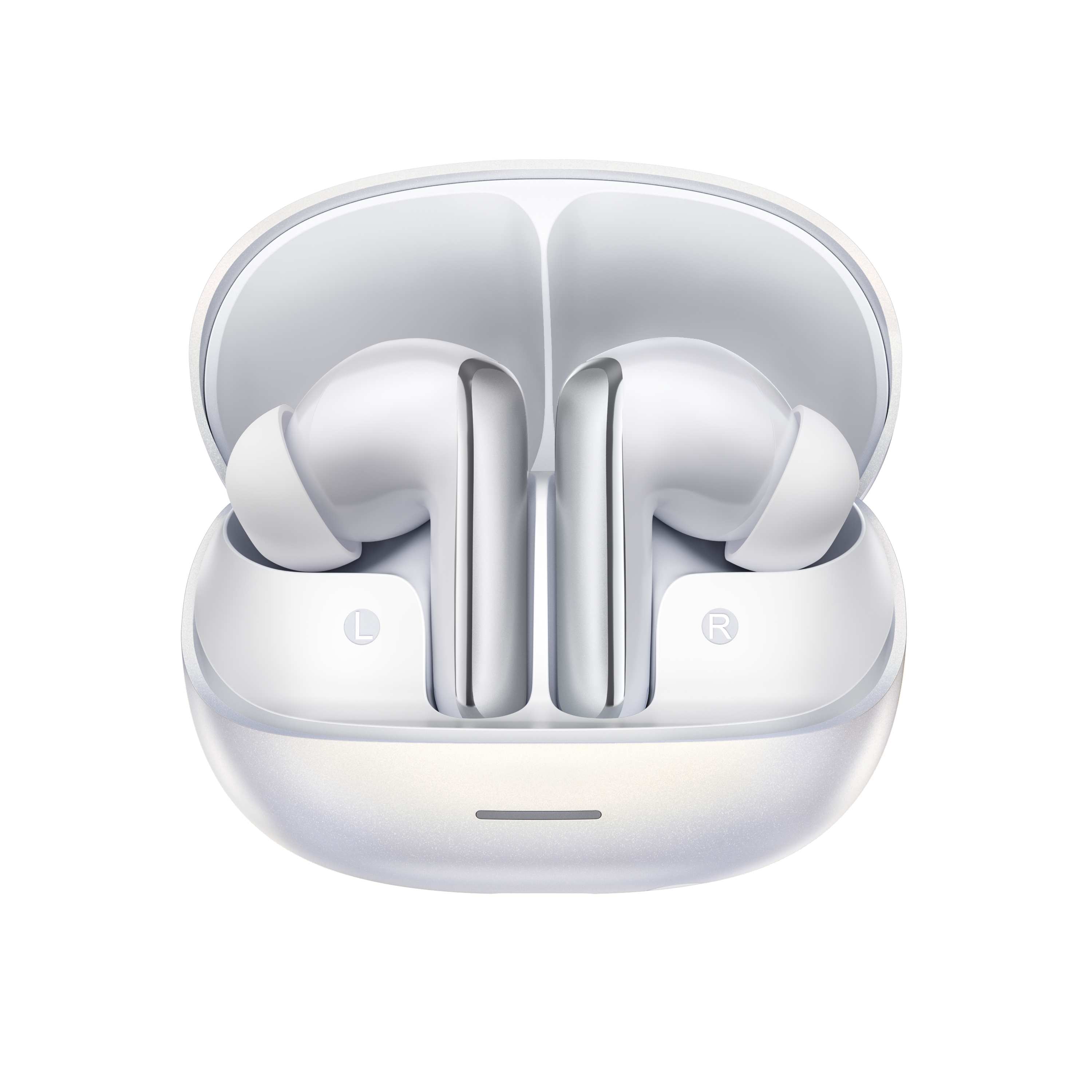 MeloBuds N65 – auricolari True Wireless bianchi con custodia di ricarica, contrassegnati con L e R.