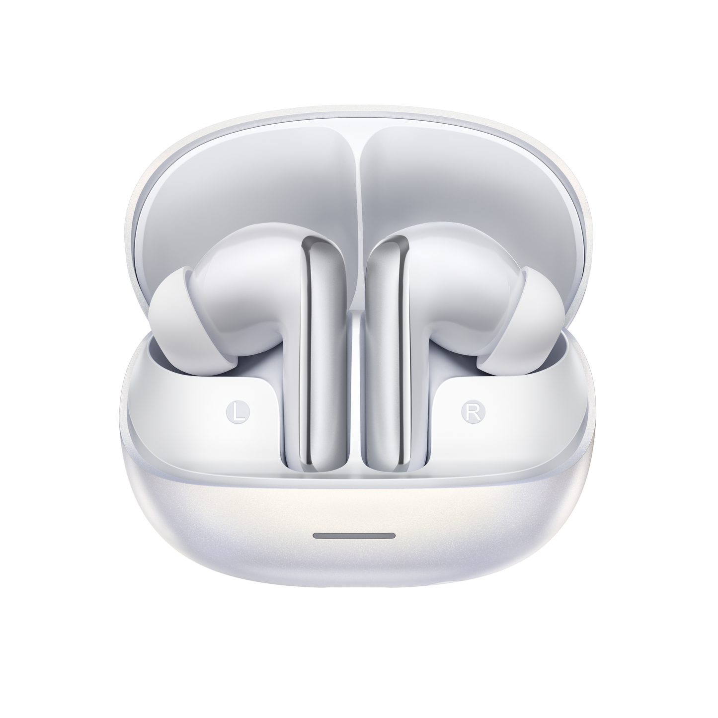MeloBuds N65 – auricolari True Wireless bianchi con custodia di ricarica, contrassegnati con L e R.