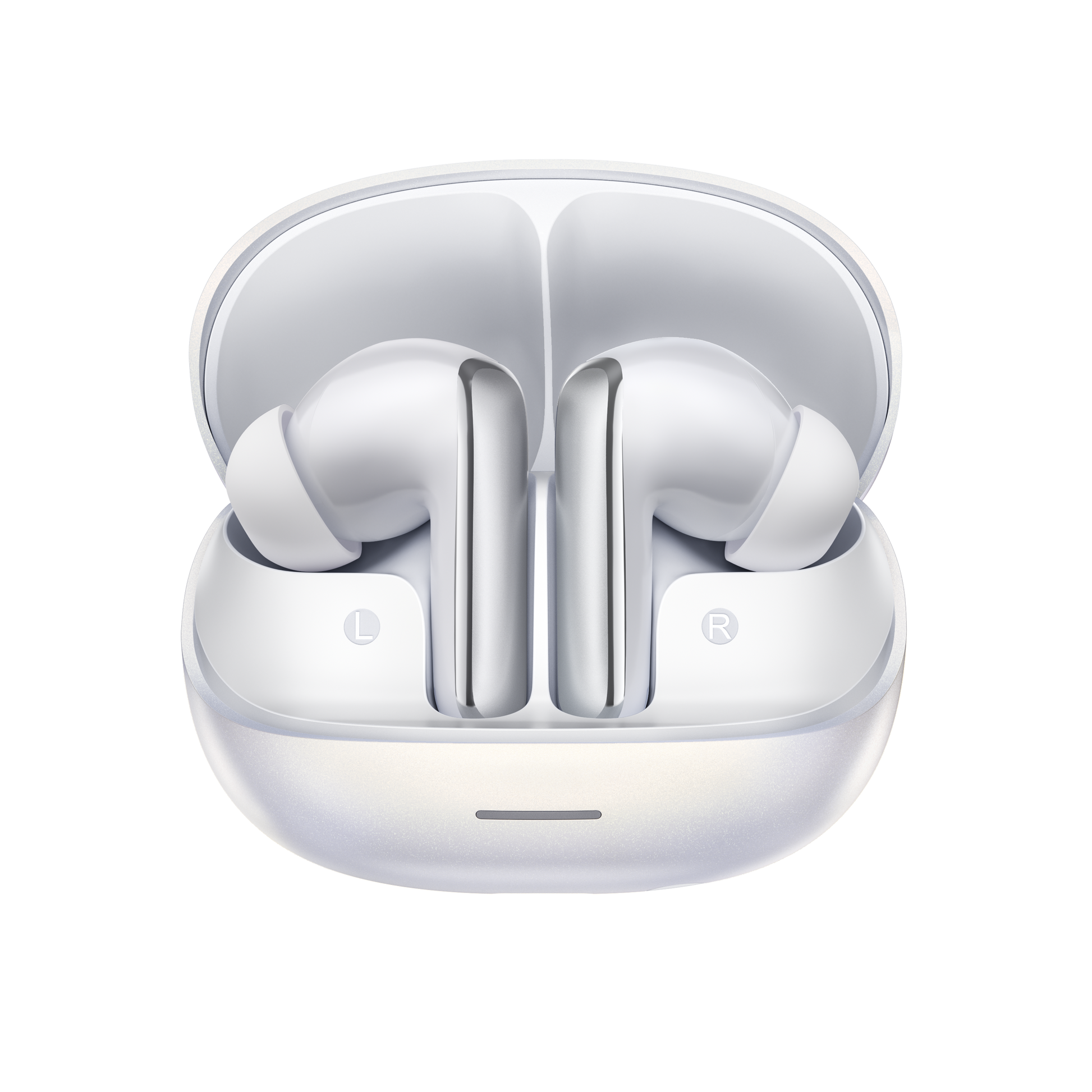MeloBuds N65 – auricolari True Wireless bianchi con custodia di ricarica, contrassegnati con L e R.