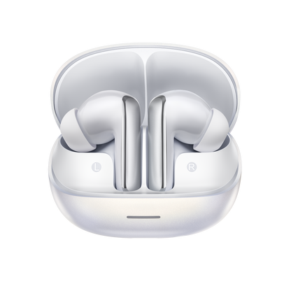 MeloBuds N65 – auricolari True Wireless bianchi con custodia di ricarica, contrassegnati con L e R.