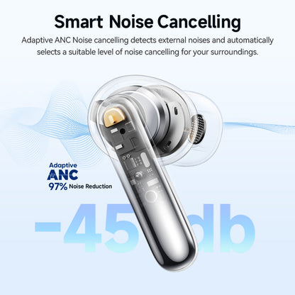 White QCY Melobuds N50 earbud showcasing smart noise cancelling with adaptive ANC and 97% noise reduction capability