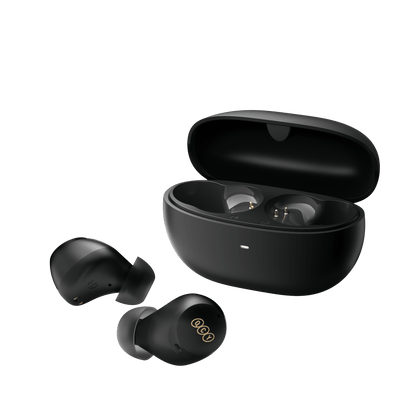 Black QCY ArcBuds wireless earbuds with charging case, showing gold logo detail on earbuds on transparent background.