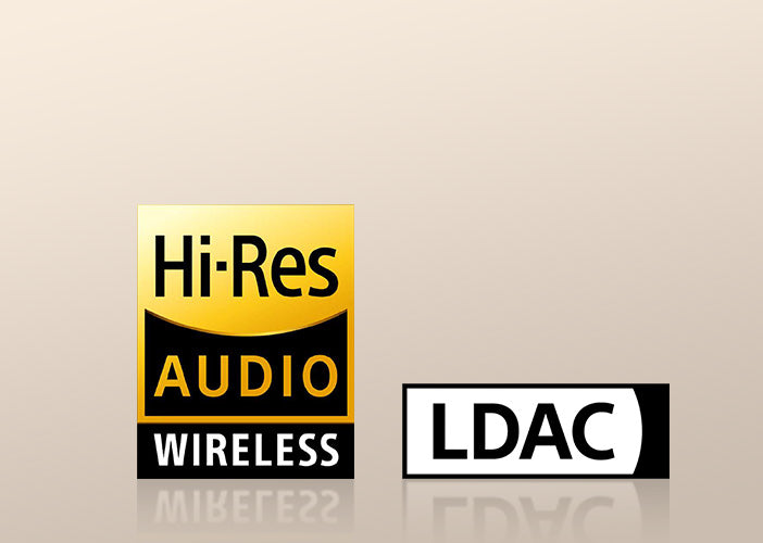Logo Hi-Res Audio Wireless e LDAC per la riproduzione audio wireless di alta qualità.