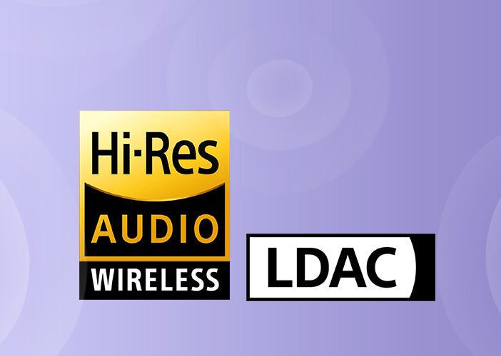 Logo Hi-Res Audio Wireless e LDAC su sfondo viola