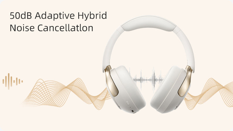Cuffie over-ear bianche con cancellazione adattiva del rumore ibrida da 50 dB e animazione a onde.