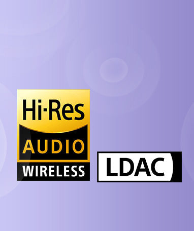Logo Hi-Res Audio Wireless e LDAC su sfondo viola.
