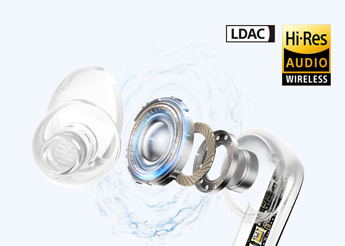 Cuffie wireless in-ear LDAC Hi-Res con design trasparente ed effetto luce blu.