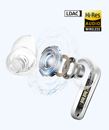 Auricolari in-ear wireless argento con LDAC e audio Hi-Res, design trasparente.