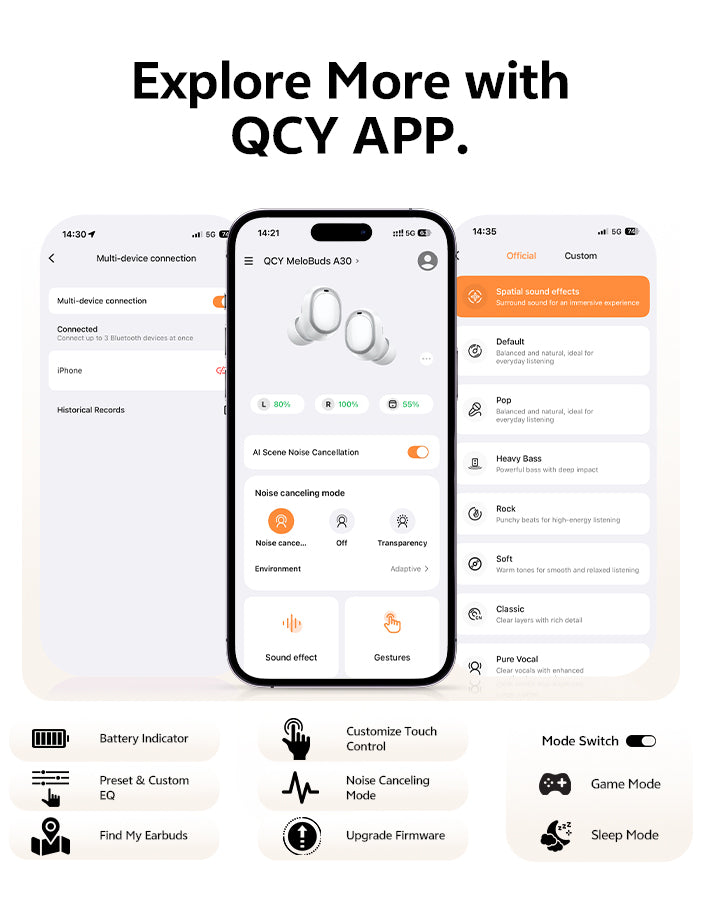 App QCY per MeloBuds A30: mostra cancellazione del rumore, effetti sonori e connessione multi-dispositivo su uno schermo di smartphone.