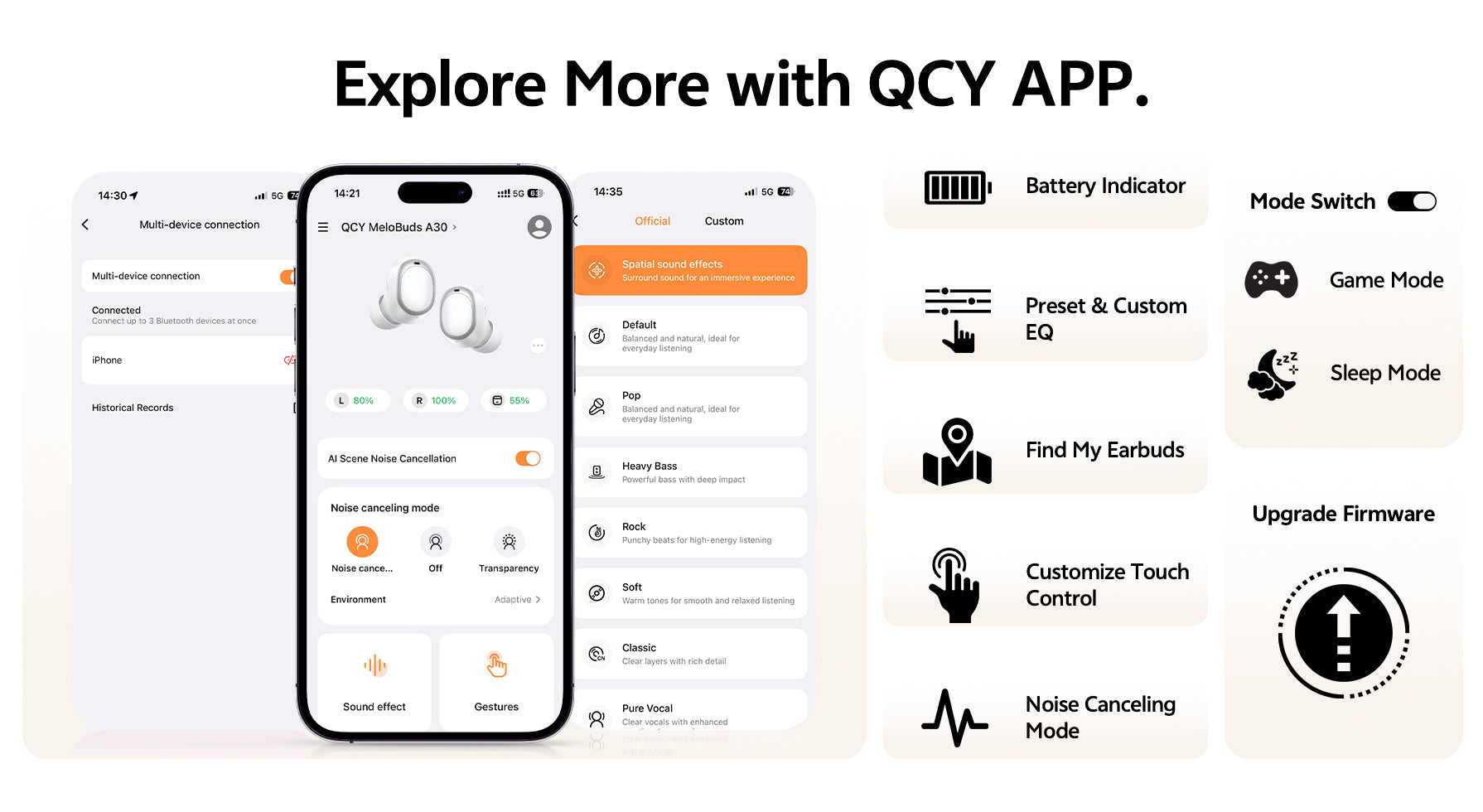 App QCY: funzioni come connessione dispositivi, impostazione EQ, cancellazione del rumore e aggiornamento firmware per cuffie wireless.