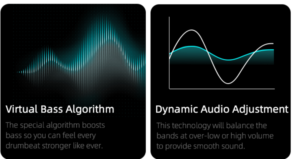 Algoritmo di basso virtuale e adattamento audio dinamico per bassi potenti e suono bilanciato a qualsiasi volume.